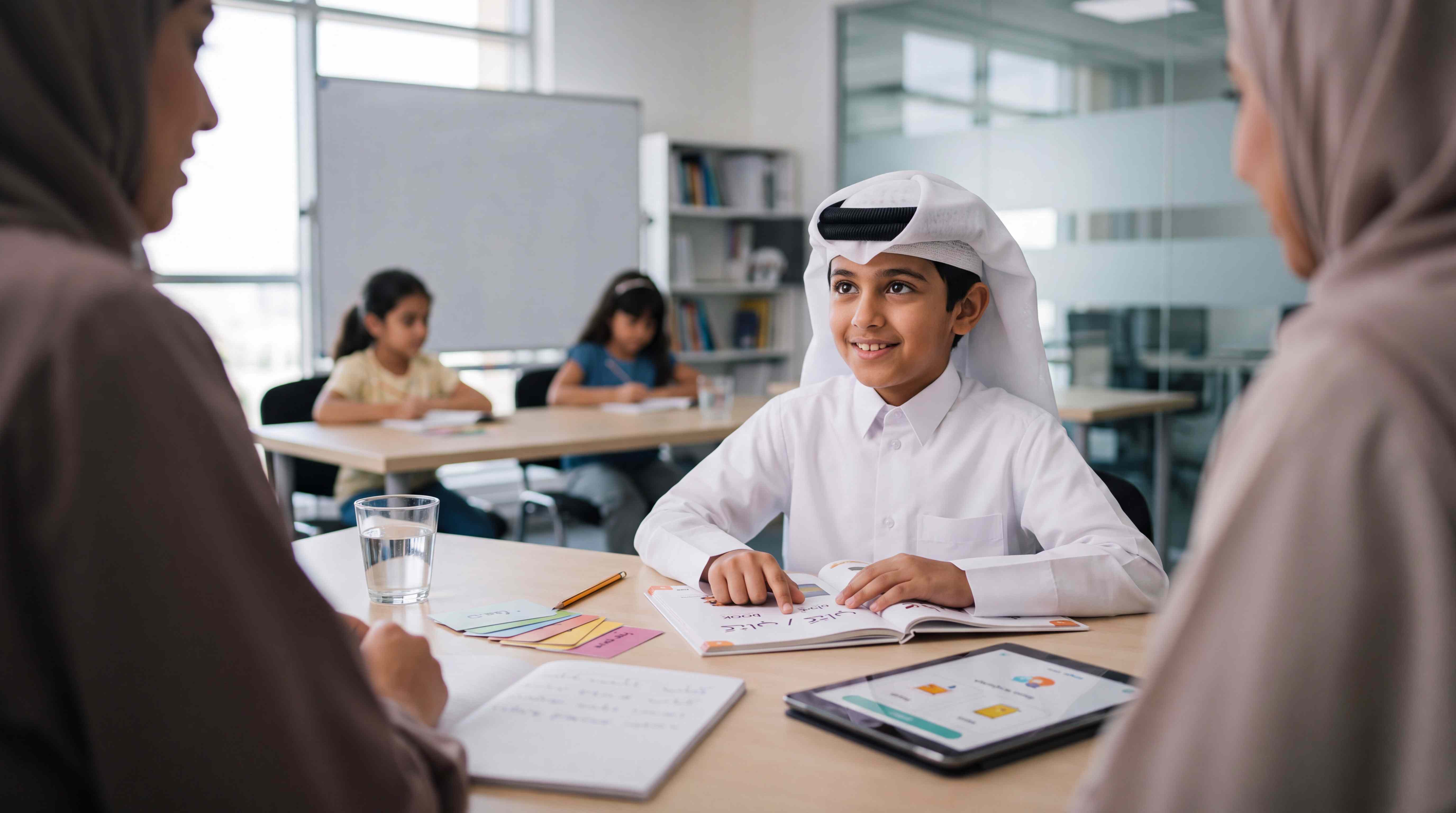 A young learner working through an Arabic workbook with a teacher in a bright classroom